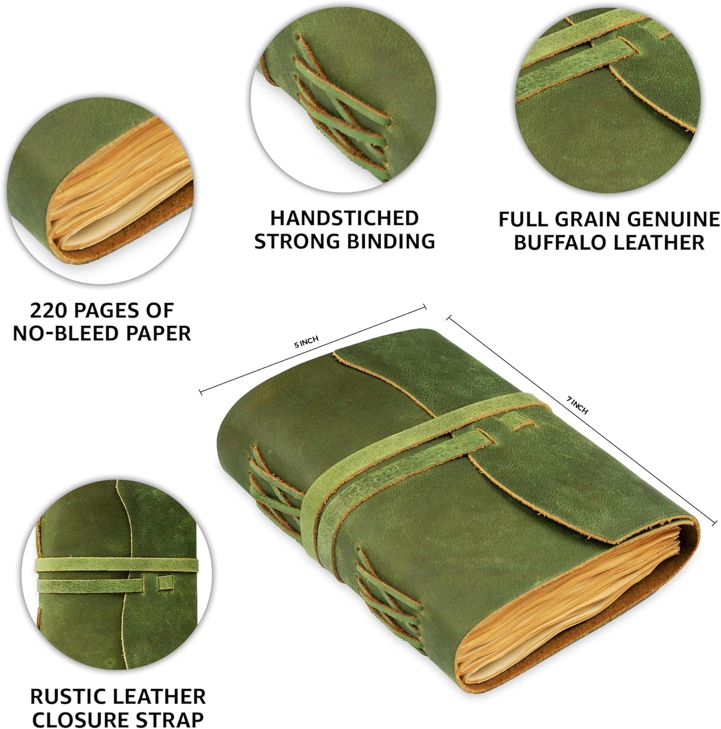 LEATHER VILLAGE Leather Bound Journal - Green, 7"X5", 220 Pages - Vintage Blank Paper Diary for Writing, Drawing, Sketchbook, and Travel Notebook - Ideal for Women and Men