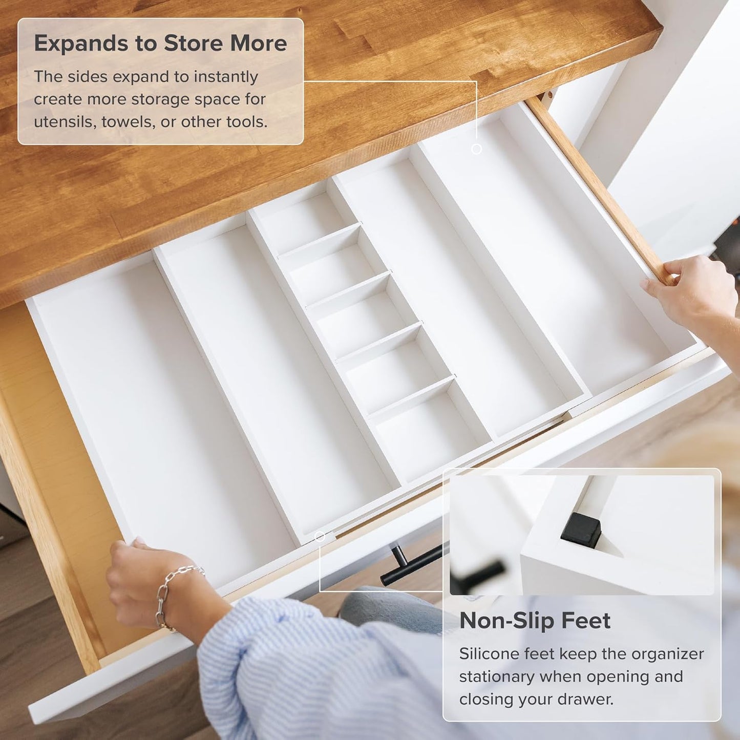 Adjustable Kitchen Drawer Organizer for Utensils and Junk, Food-Safe Contract Grade with 100% Sustainable Wood, Expandable from 16 to 28 Inches Wide - White Bamboo