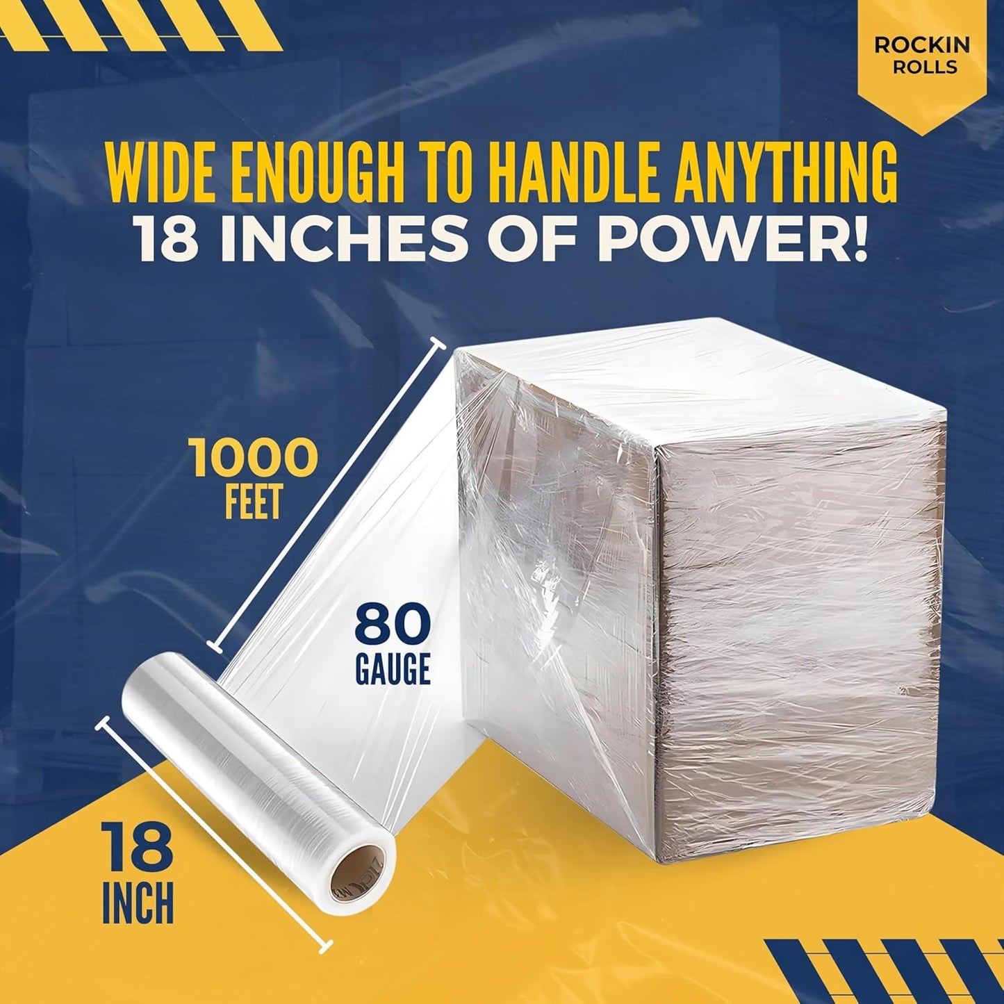 Industrial Stretch Film Wrap – 18" x 1000 FT x 80 Gauge, 4 Rolls Heavy Duty Pallet Wrap | Clear Plastic Moving Wrap for Packing, Shipping, Furniture & Luggage – Durable Self-Adhering Shrink Wrap Roll
