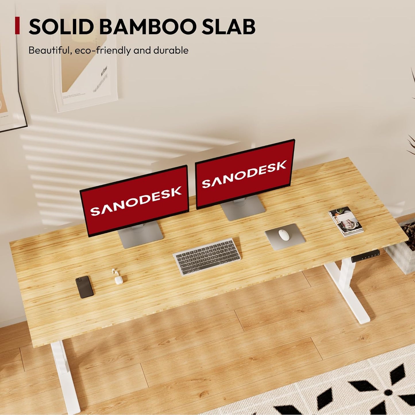 Standing Desk with Dual Motor, 3-Stage Lifting Column, Handset with 3 Preset and Sit-Stand Reminder - 78 inch Whole Piece Real Bamboo/White Frame, Height Adjustable Desk for Home and Office