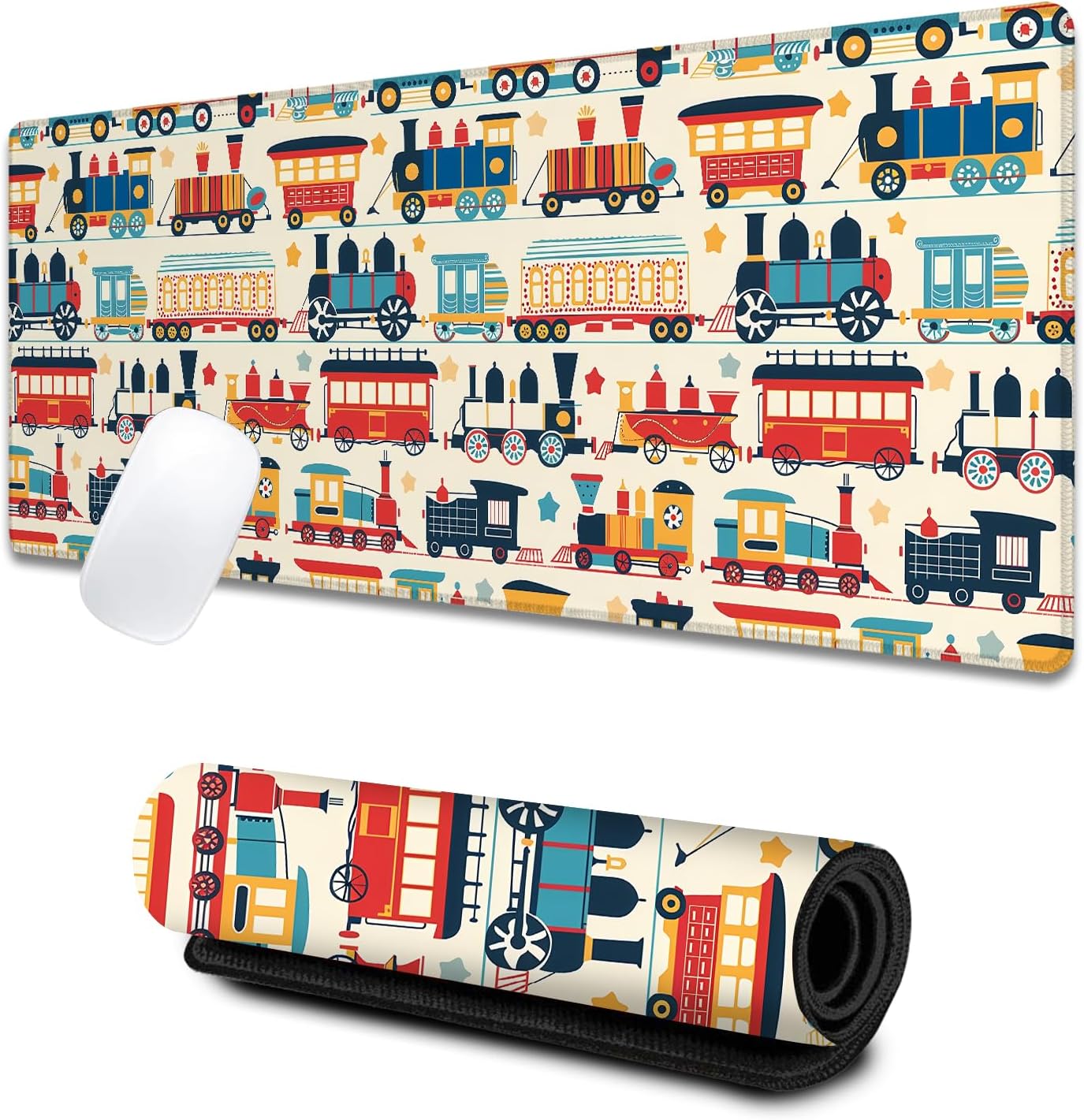 Playful Train Gaming Mouse Pad, Large Desk Mat with Cartoon Car, Rubber Non-Slip Extended Cute Vintage Mousepad, Office Home Decor Accent, Gifts for Retro Lovers, 31.5x11.8x0.12in