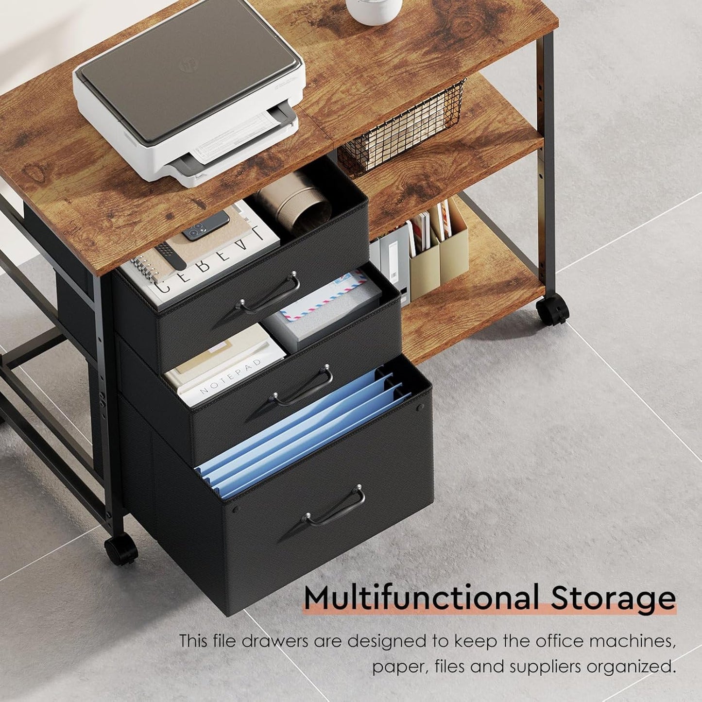 3 Drawer File Cabinet with Wheels Rolling Printer Stand with Open Storage Shelf Fabric Lateral Filing Cabinet for Home Office,Rustic Brown