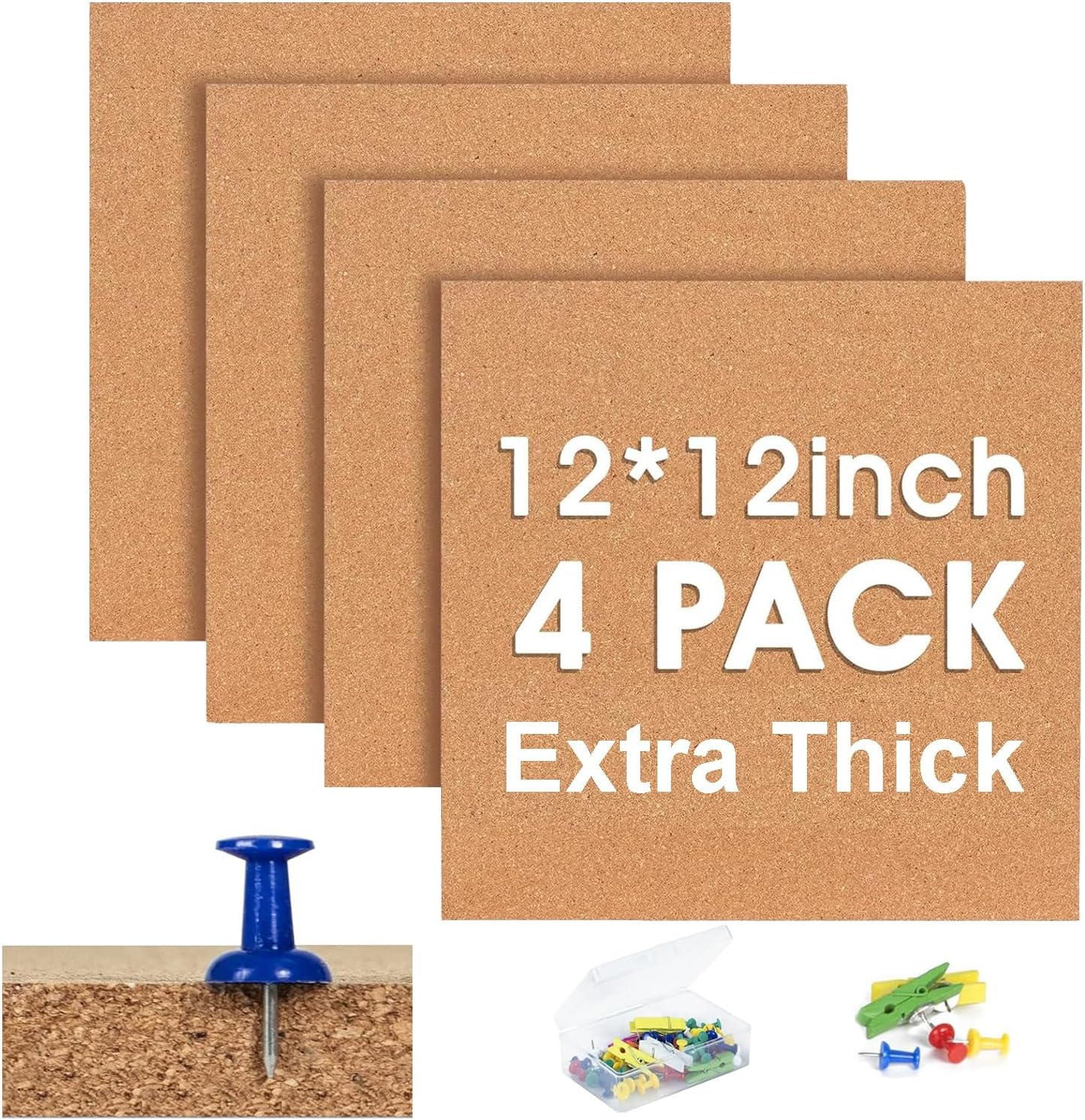 Cork Bulletin Square Board for Walls - SVOPY 4 Pack Extra Thick 12x12 Inches Cork Board Tiles for Home Office Decor, Cork Sheet,School Message Board Decorative Display Boards