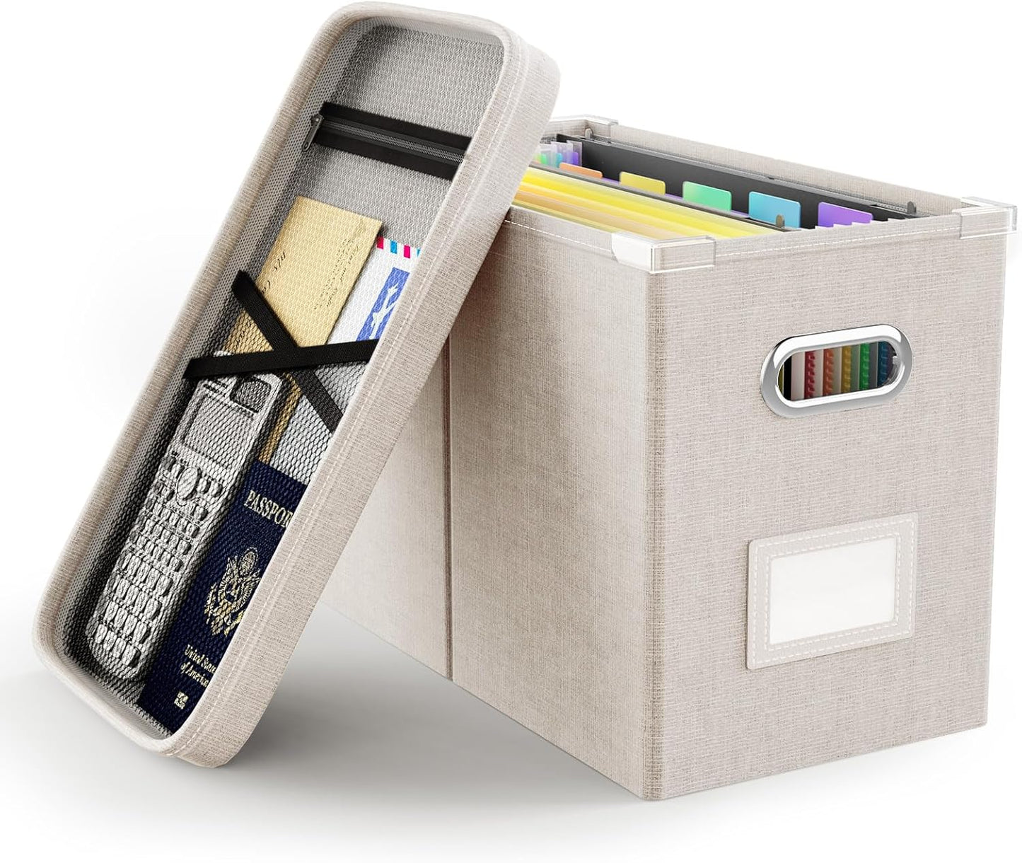 Oterri File Organizer Box with Lid, Hanging Filing File Box with Mesh Pocket, Document Organizer Box for Letter Files, Portable Storage Box with Smooth Sliding Rail for Office&Home (1 PCS, Beige)