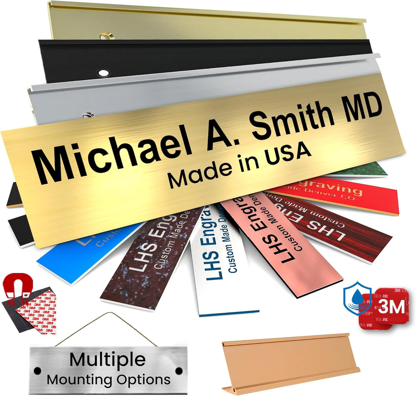 Engraved Name Plates for Doors, Walls, and Plaques Personalized Brushed Brass Plastic Plaque with Black Letters - Made in USA 2x6 M6
