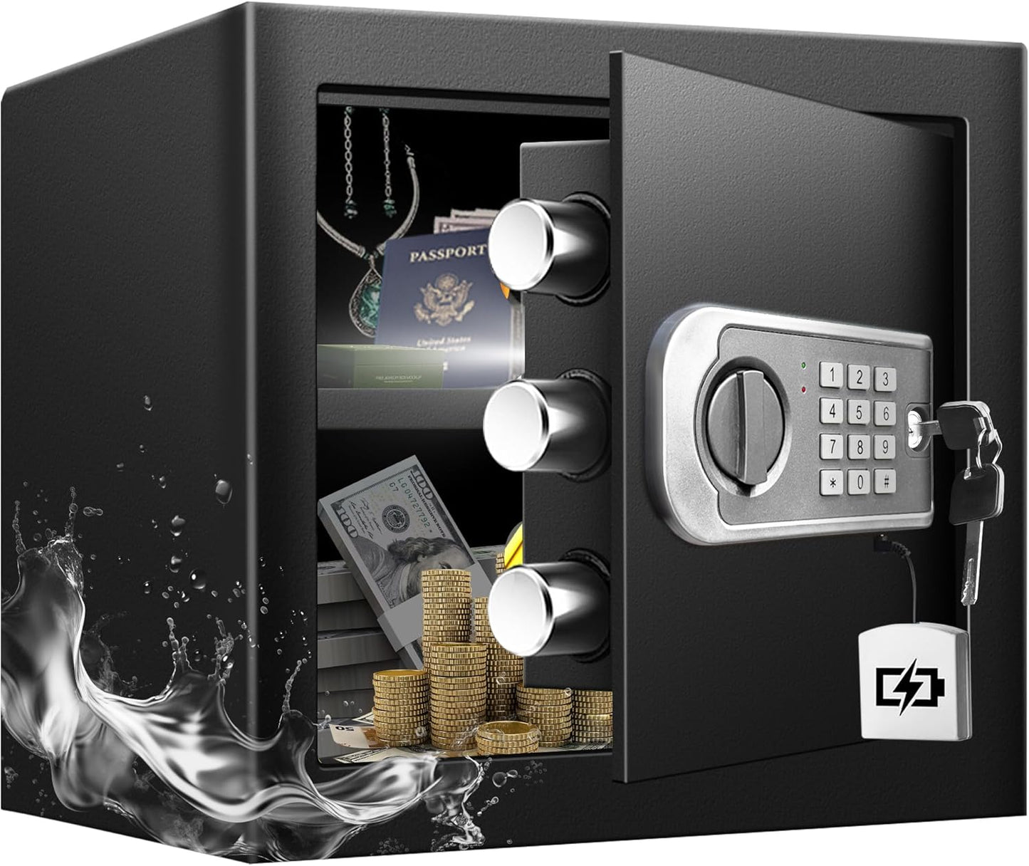 Medium Safe Box for Home - 2.0 CuFt Mountable Cabinet with Motion Light & Dual Alarm, Digital Keypad & Override Key, Removable Shelf - Secure Black Storage for Money, Files, and Valuables