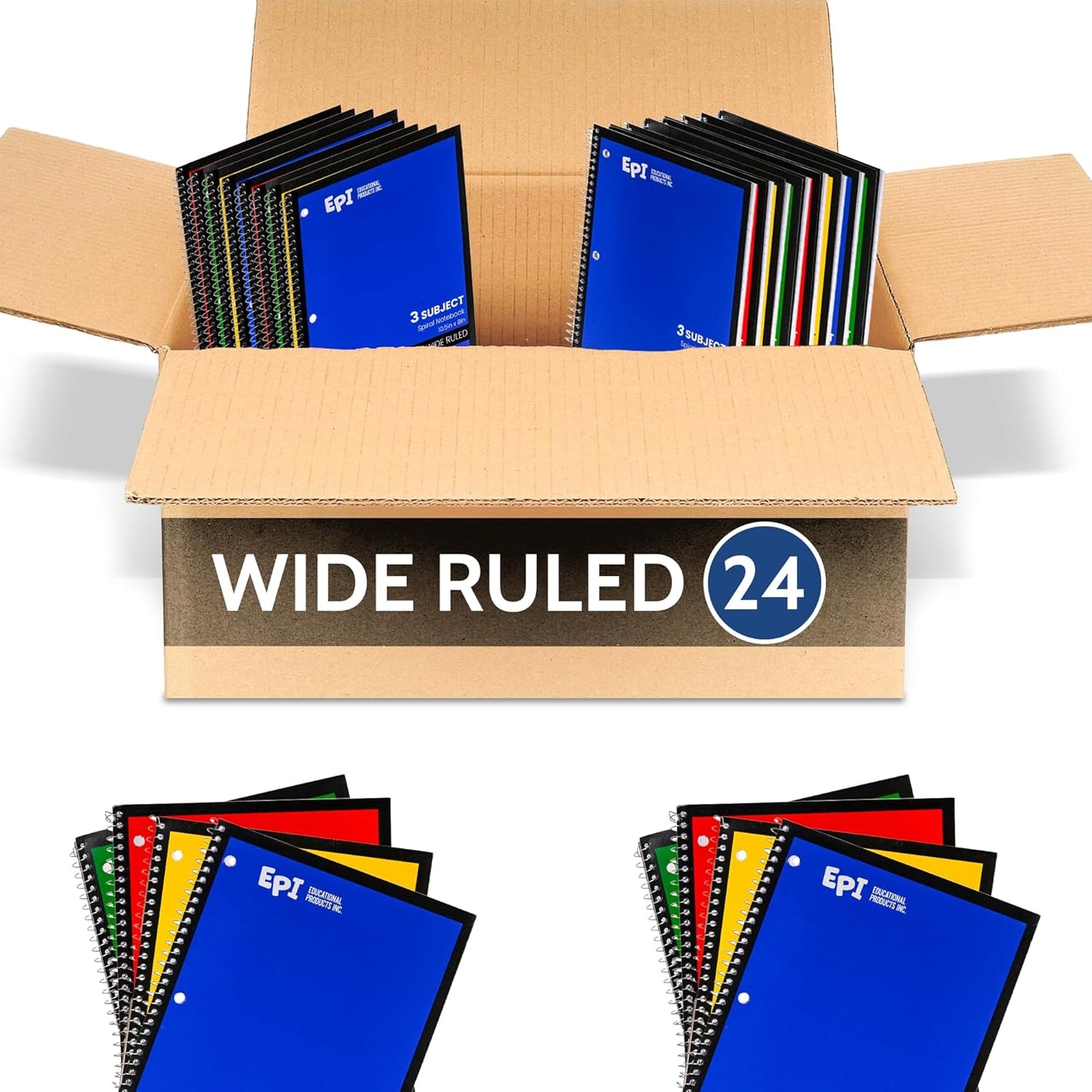 EPI Spiral Notebook | 3 Subject - Wide Ruled - 120 Sheets, Durable Spiral Binding | 10.5 x 8 in | Classroom Supplies | School, Office, Note Taking, Journaling - 24 Pack