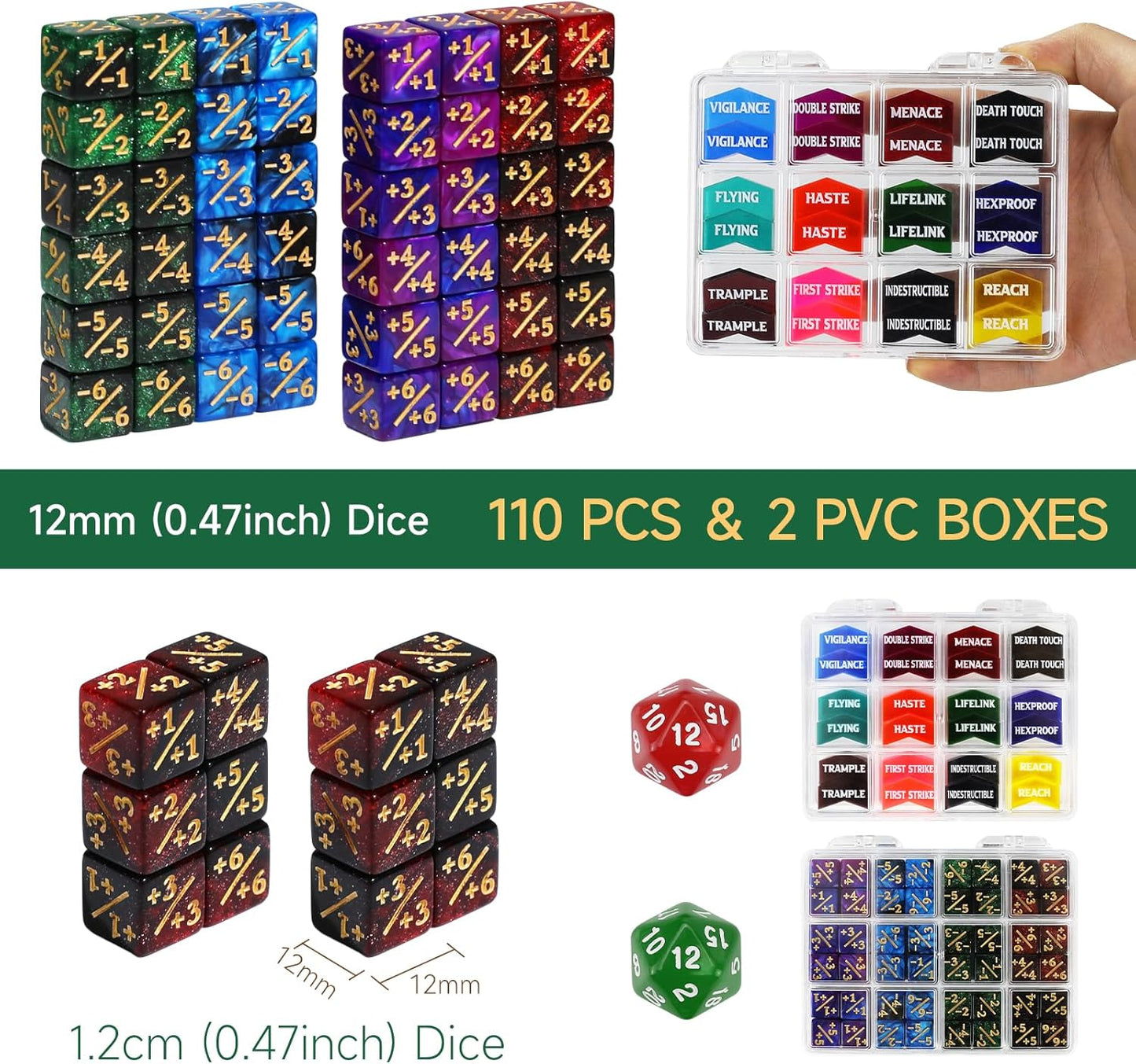 110 Pieces MTG Abilities Keyword Tokens 12mm Dice Counters Set for Magic The Gatering, MTG Life Counter Buff Tokens with Box, Compatible with TCG CCG Magic Card Games Accessories