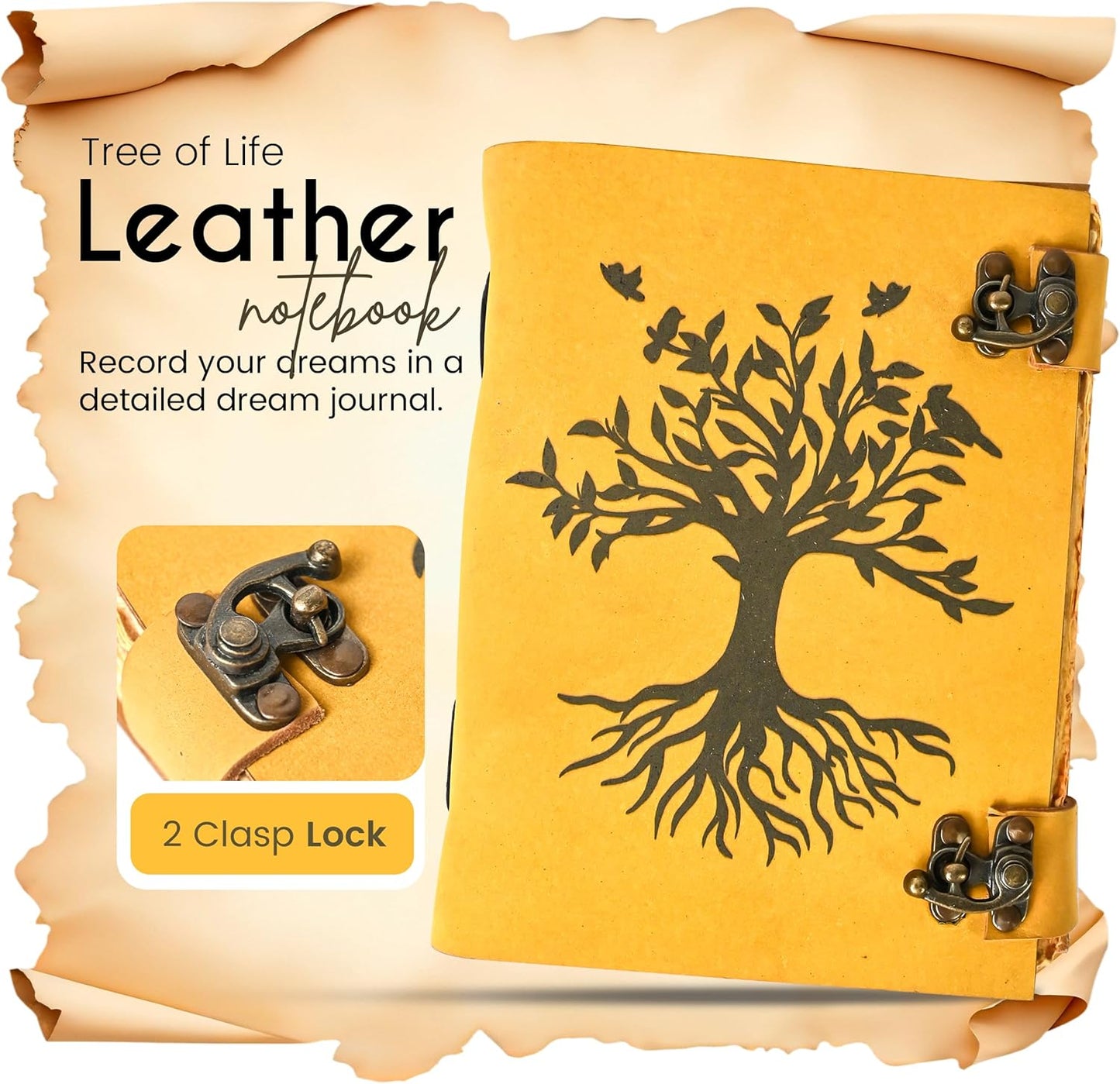 Tree of Life Leather Journal, Book of Shadows with Vintage Clasp Lock – 200 Page Antique Deckle Edge Leather Bound Notebook – Notebook Journal Gift for Men & Women
