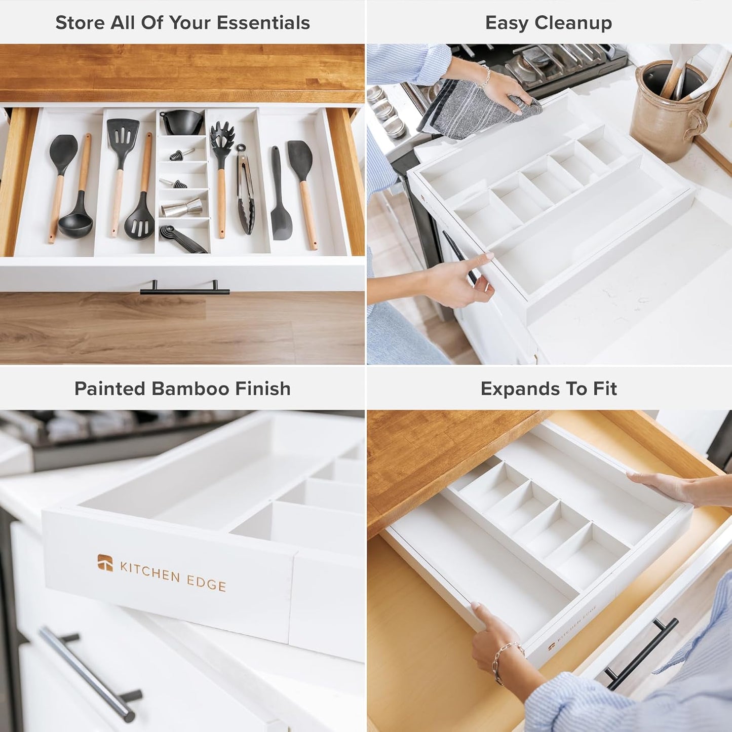 Adjustable Kitchen Drawer Organizer for Utensils and Junk, Food-Safe Contract Grade with 100% Sustainable Wood, Expandable from 16 to 28 Inches Wide - White Bamboo