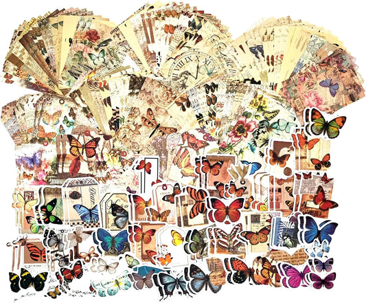 200PCS Vintage Scrapbooking Supplies Pack, Aesthetic Scrapbook Sticker Paper Art Journaling Kit for Bullet Junk Journals,Planner,Cottagecore Decor Gifts (Butterfly)