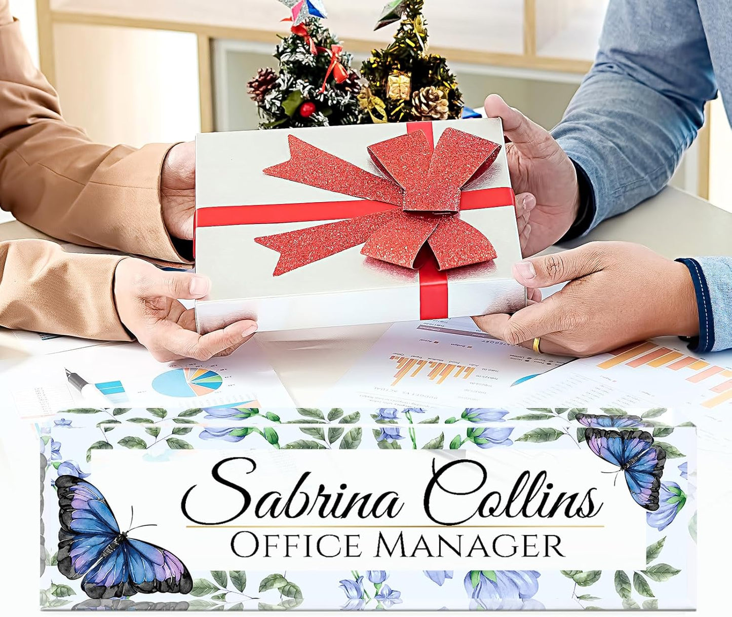 Name Plate for Desk, Desk Name Plate Personalized, Office Decor for Women Men, Acrylic Desktop Accessories, Office Appreciation Gifts for Boss Social Workers Nurse Teacher Employee (Blue Butterfly)