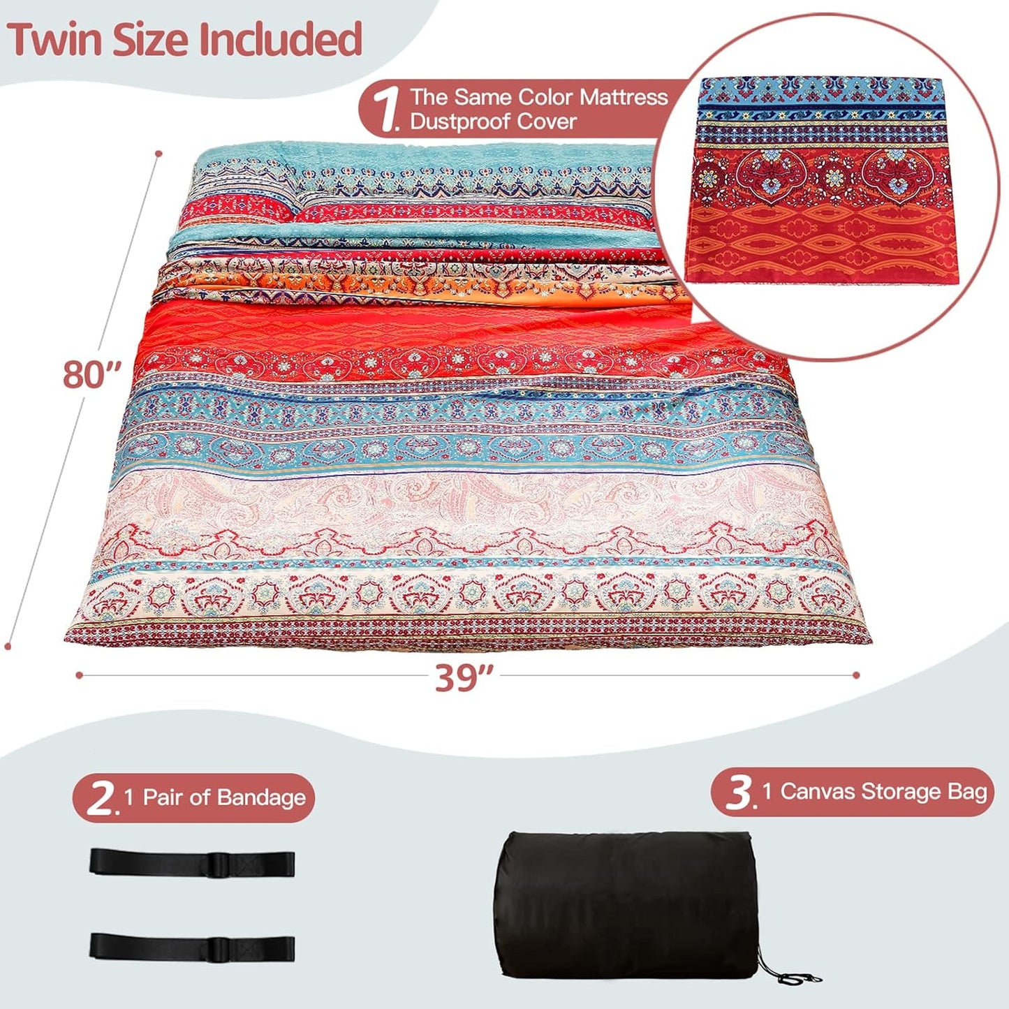 MAXYOYO Bohemian Retro Floor Mattress Vintage Floral Japanese Futon Mattress Roll Up Tatami Floor Mat Foldable Bed Portable Camping Mattress Sleeping Pad Floor Lounger Couch Bed Twin Size