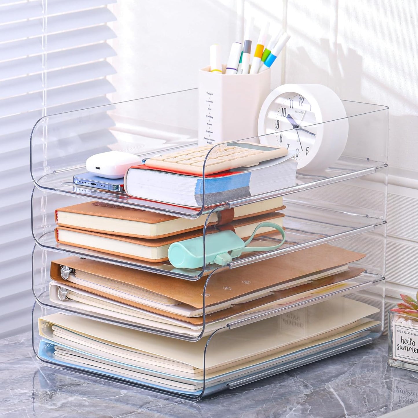 4 Pack Stackable Paper Letter Tray, Clear File Organizer for Desk, Office Organizer and Storage for Desk Accessories, Notes, Books, File Paper, Document