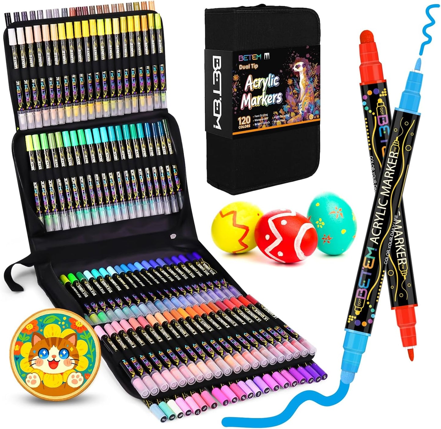 Betem Acrylic Paint Markers Pens, Dual Tip 120 Colors Premium Paint Pens Acrylic Markers for Wood, Fabric, Canvas, Stone, Rock Painting, Glass, Ceramic Surface, DIY Crafts Making Art Supplies with Bag