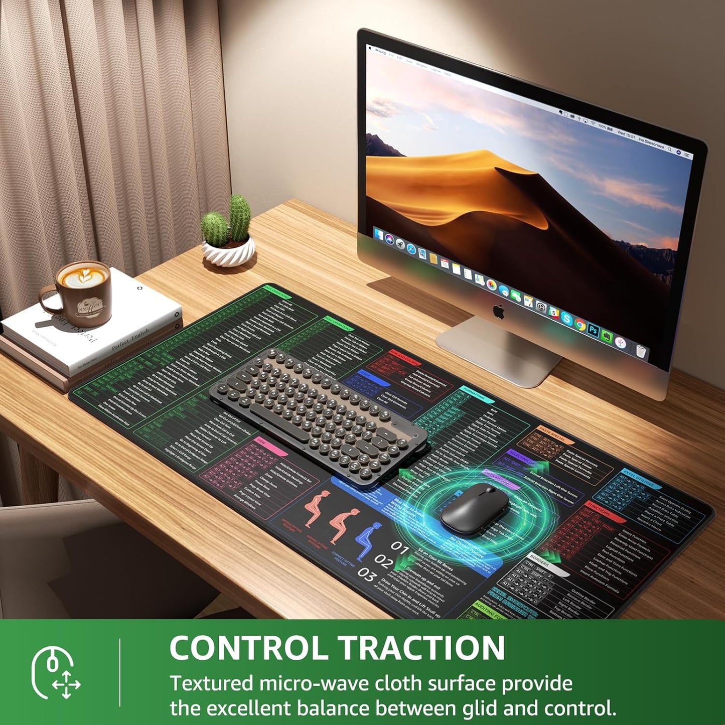 KTRIO Excel Shortcuts Mousepad with Superior Micro-Weave Cloth, Extended Mousepad with Stitched Edges, Non-Slip Base, Water Resist Keyboard Pad for Gamer, Office & Home, Excel Shortcuts