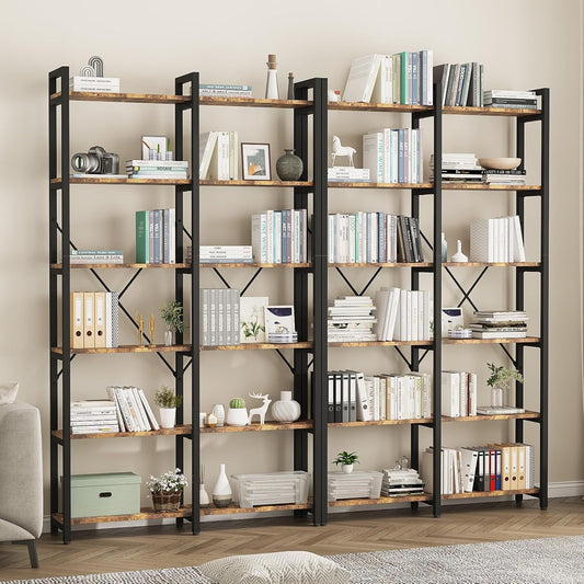 oneinmil 6 Tier Bookshelf Set of 2, 71.5'' Industrial Wood Bookshelves, Book Shelf with 12 Open Display Shelves & Metal Frame, Tall Bookcase for Home and Office, Rustic Brown