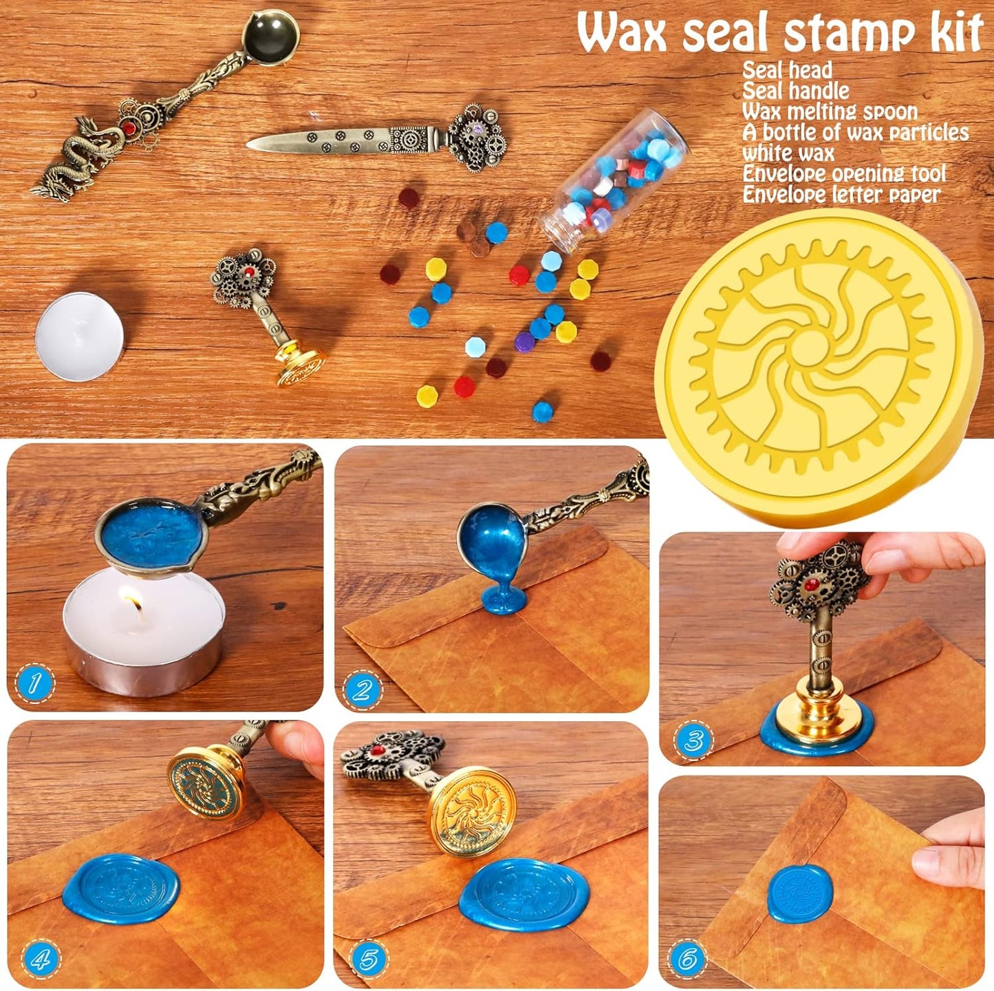 Aifeiter Quill Pen Ink Set Leather notebook With Quill Pen,Notebook,5 Replaceable Nibs,Seal Stamp,Spoon,Wax Beads,White Wax,Ink,Pen Holder,Cup,Envelope,Letter Paper,Envelope Tool(blue)