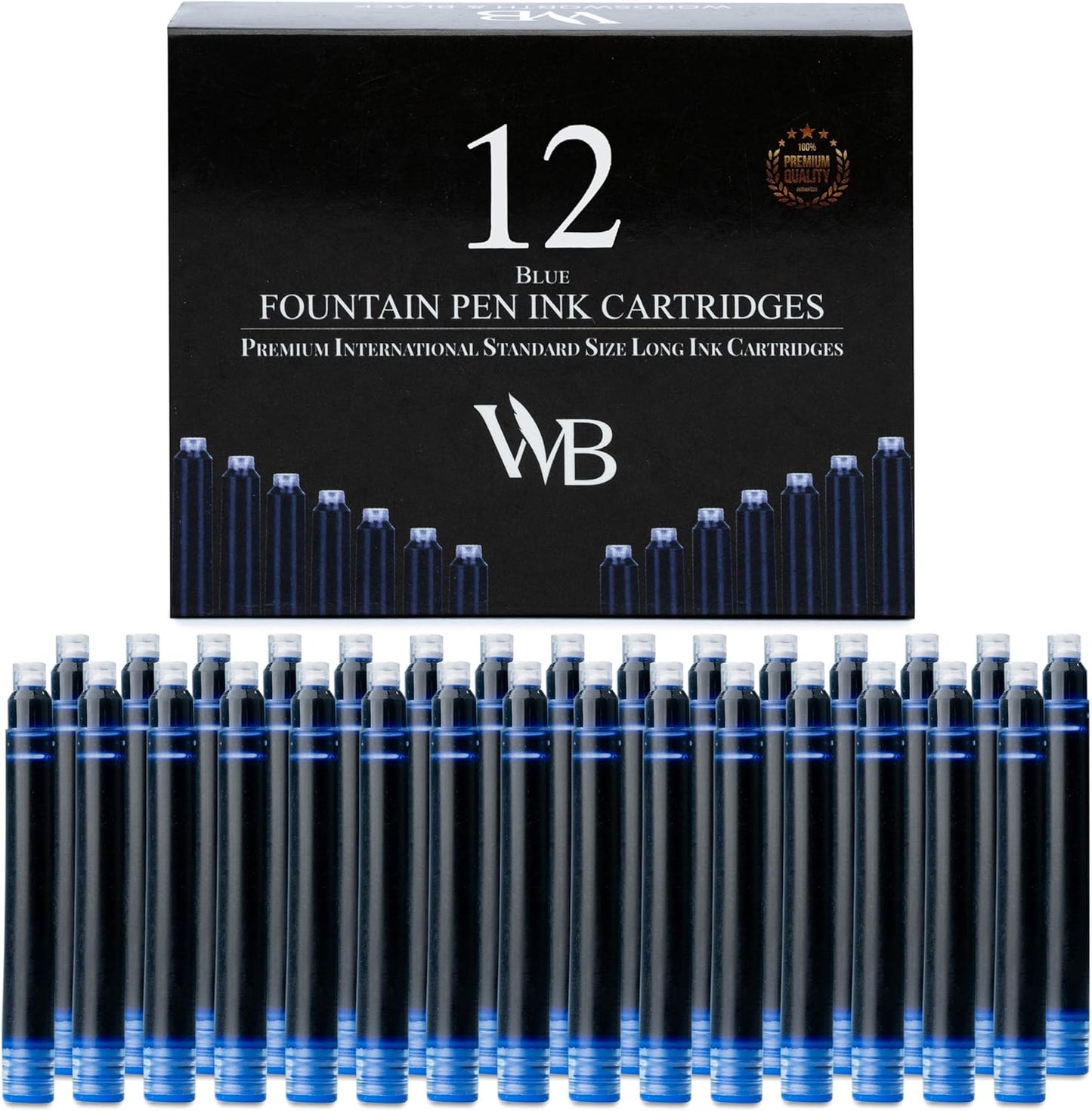 Wordsworth & Black 12 Pack Fountain Pen Ink Refills - Set of 12 Blue Ink Cartridges - International Standard Size - Length APPR 2.3" - Base Diameter APPR 0.24" - Disposable and Generic