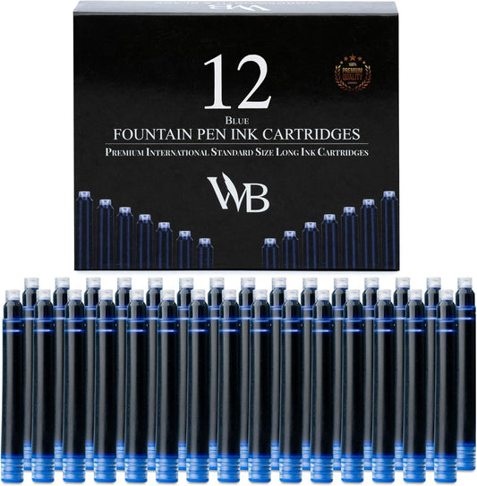 Wordsworth & Black 12 Pack Fountain Pen Ink Refills - Set of 12 Blue Ink Cartridges - International Standard Size - Length APPR 2.3" - Base Diameter APPR 0.24" - Disposable and Generic