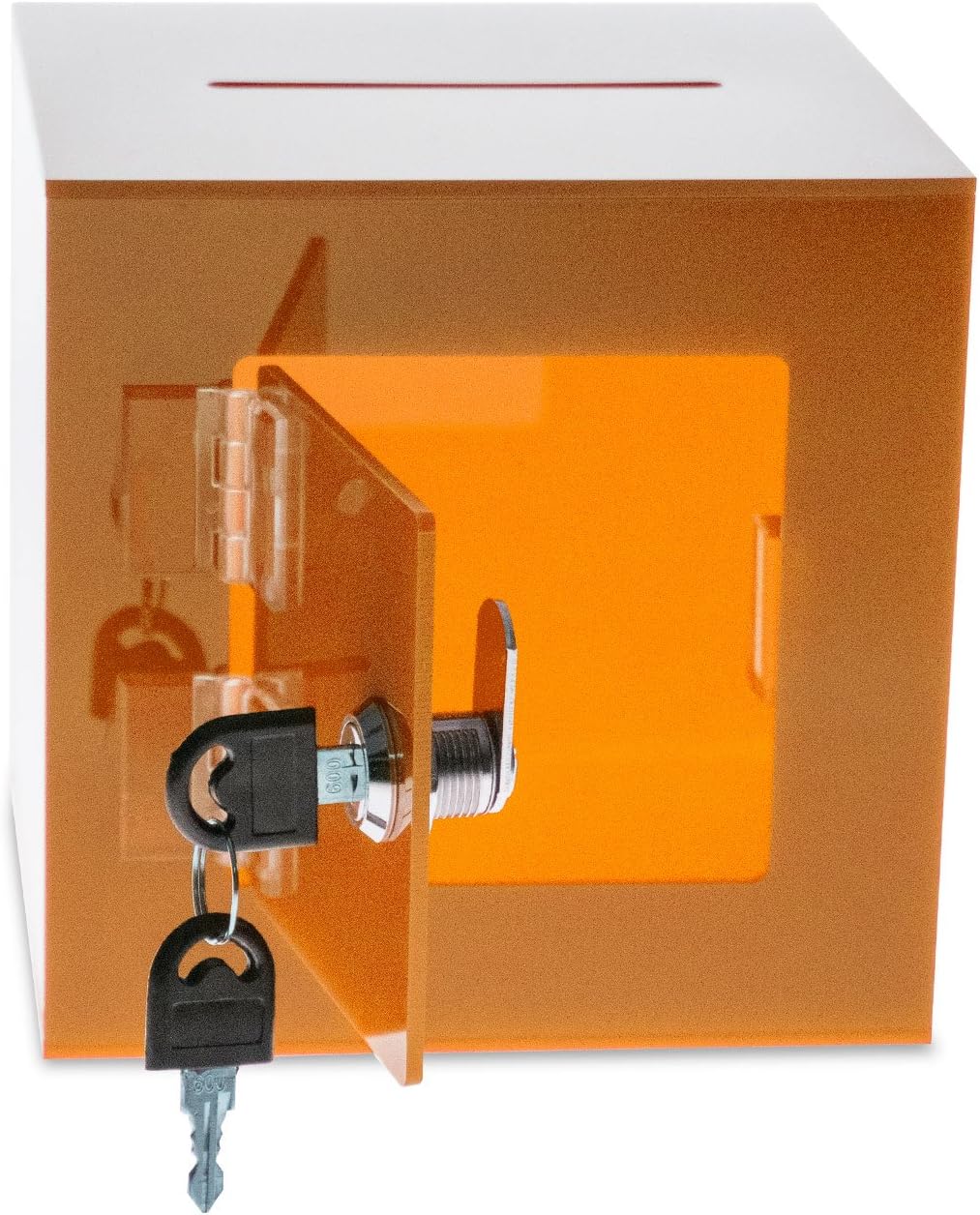 Source One Premium Acrylic Cube Donation Box with Deluxe Rear Open Door and Cam Lock Suggestion Box (8 Inch, Orange)