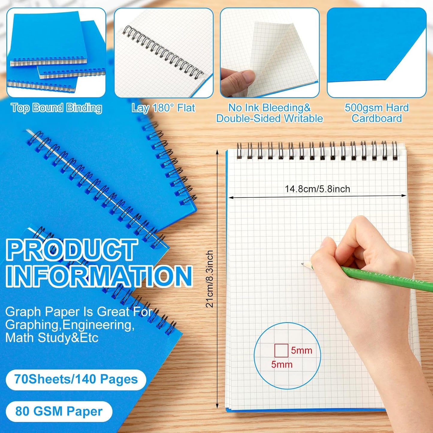 2 Pack Graph Paper Spiral Notepad A5 Top Wirebound Notepad Grid Notebook Steno Pads Memo Notebook Grid Paper 140 Pages for Writing Sketching Drawing Office Supplies (Light Blue)