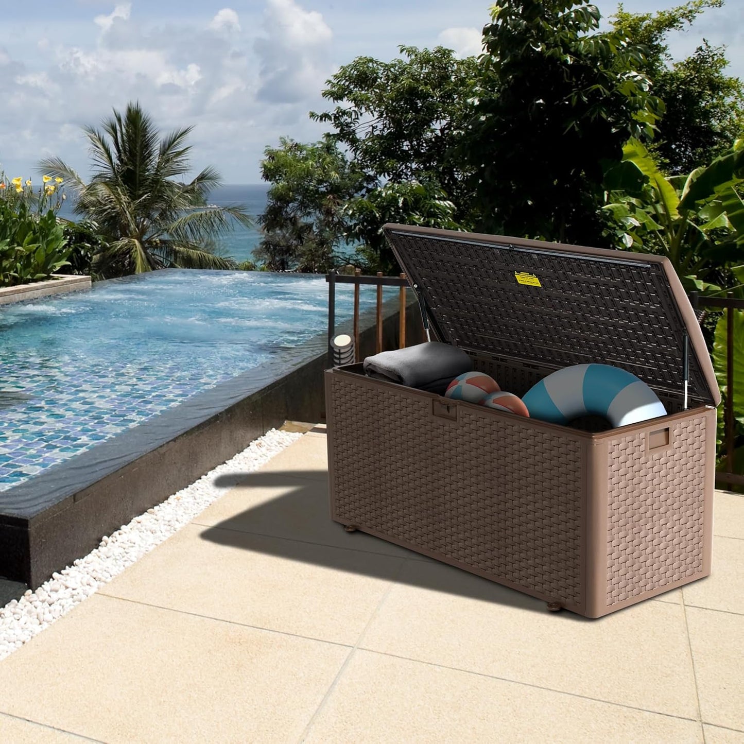 Premium Pro Edition 180 Gallon Lockable Resin Deck Box, Waterproof & UV-Resistant Outdoor Storage Box for Outdoor Cushion Storage, Garden Tools & Pool Accessories Storage, Brown