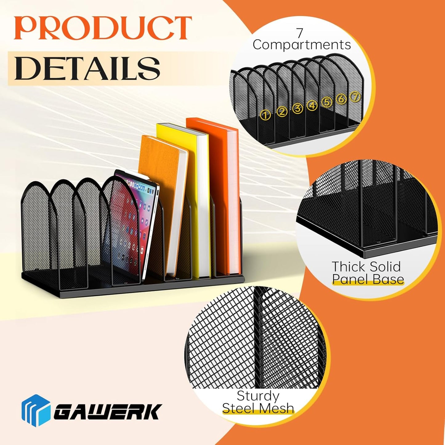 7-Section Metal Upright File Sorter Organizer，Office Small Letter Sorter Desktop File Organizer Metal Mesh Iron Sole, Black