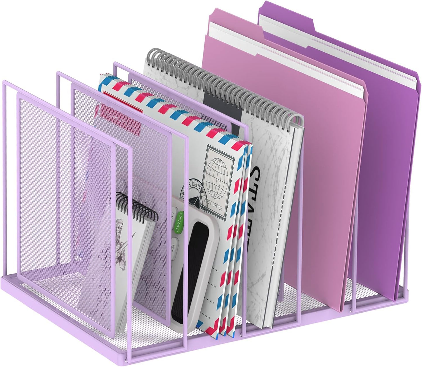 File Organizer for Desk, 5-Section Vertical File Sorter, Paper Holder Organizer Standing Metal File Folder for Office Home Classroom, Purple