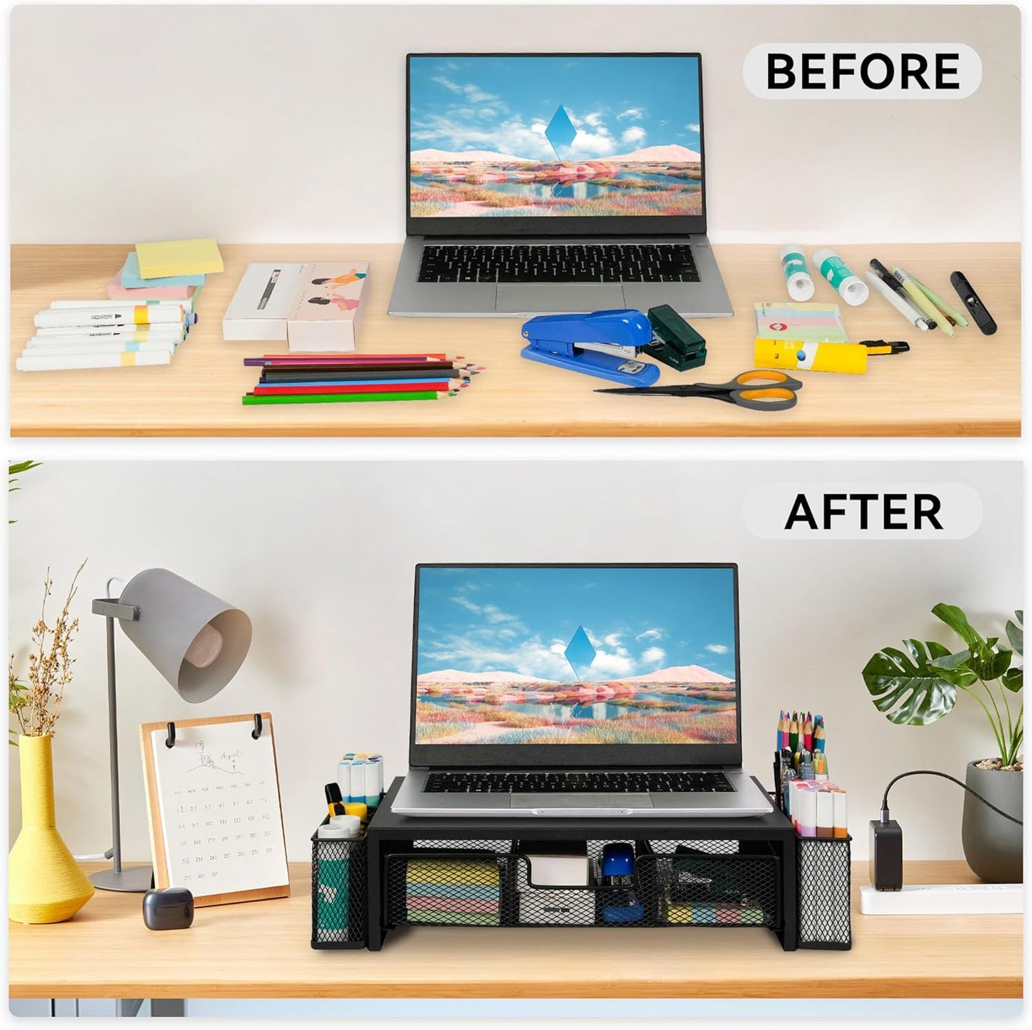 Computer Monitor Stand Riser with Drawer and Pen Holders, Desk Organizer Shelf and Accessories, Office Desk Accessories, Office Organization, Black