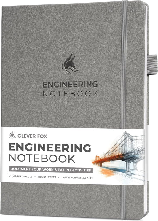 Clever Fox Engineering Notebook – Hardcover Grid Notebook with Numbered Pages, Table of Contents – Patent, Lab & Invention Journal for Engineers & STEM (Gray)