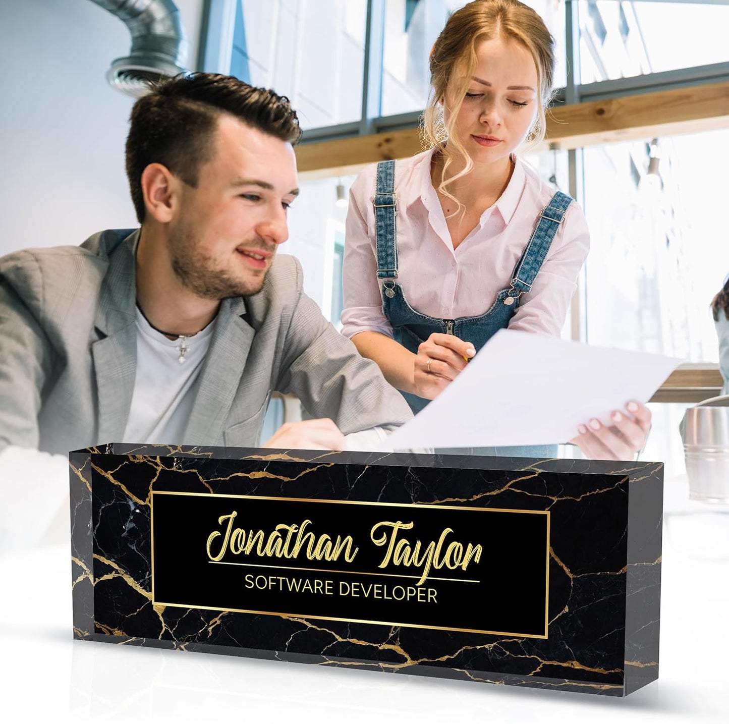 Custom Desk Name Plate Personalized, Acrylic Name Plate for Desk, Office Desk Decor for Women and Men, Employee Appreciation Gifts Office Gifts for Boss, Manager, Teacher, Nurse (Black Gold Marble)
