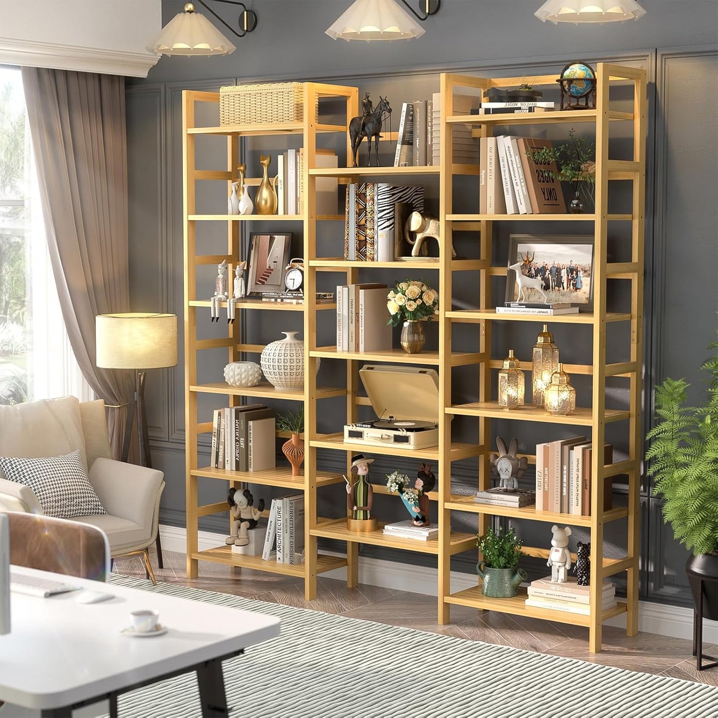Homykic Bamboo Triple Wide Shallow Bookshelves and Bookcases, 6-Tier 6ft Tall Bookshelf with 17 Open Display Shelves, Large Freestanding Book Shelf for Home Office, Bedroom, Living Room, Natural