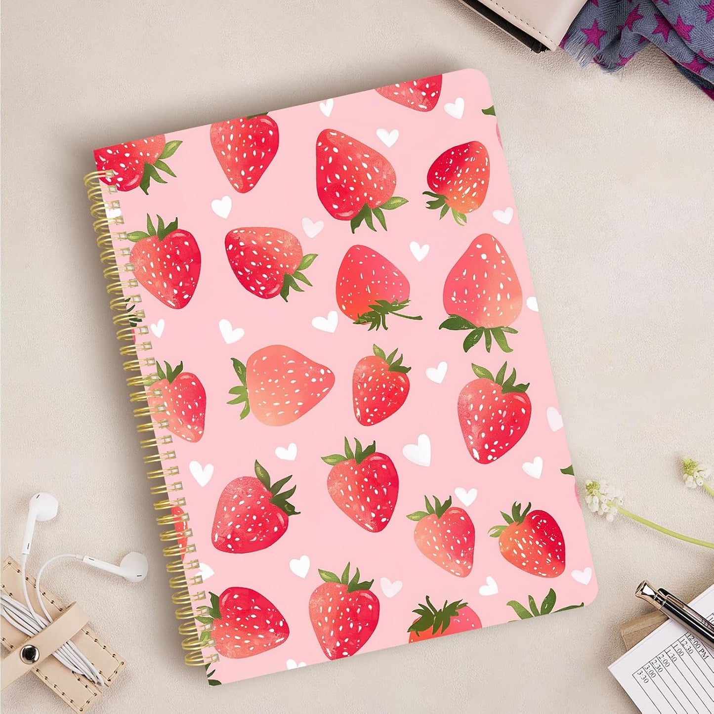 Cute Spiral Notebook journal A4 Aesthetic Pretty Design for Women Girls Kawaii with Pocket, 8.5 x 11 inch, Graph, Strawberry