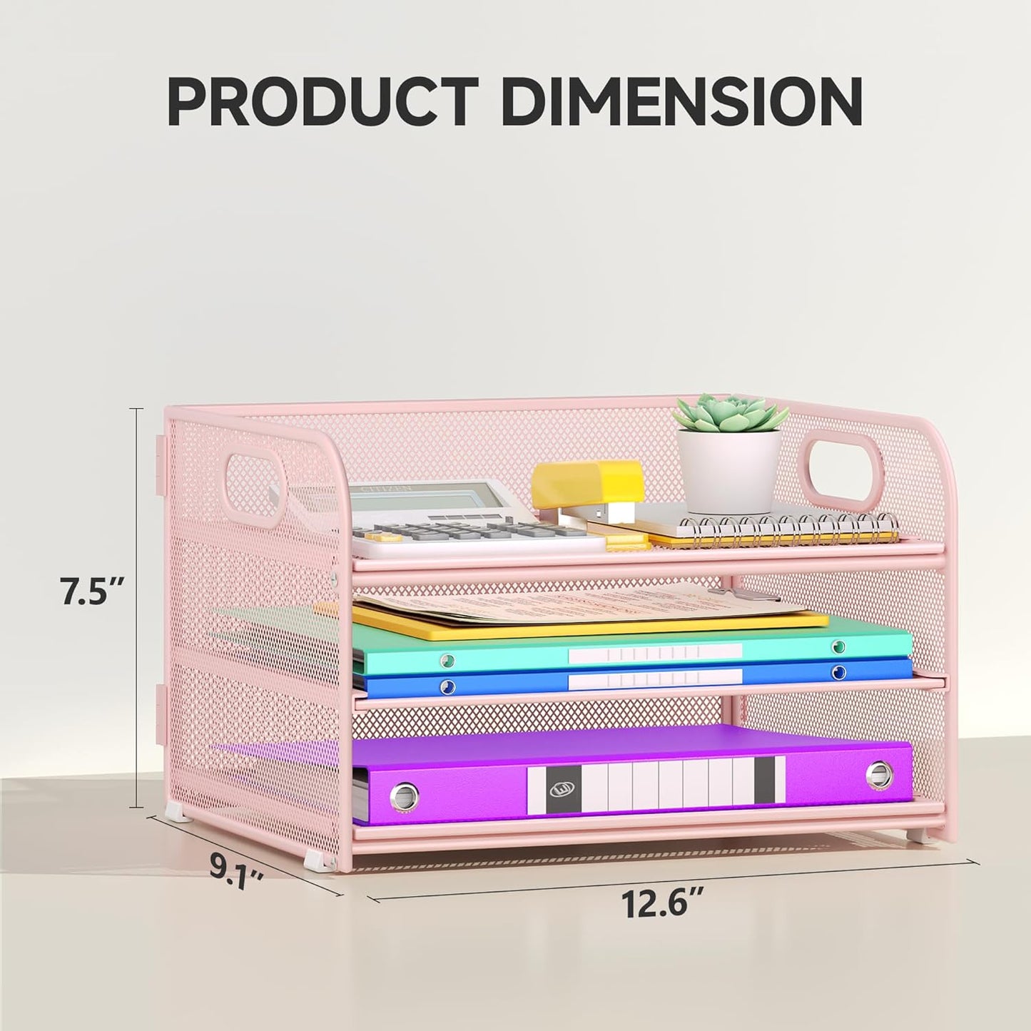 3 Tier Paper Organizer with Handle, Metal Desk Organizer Mesh Paper Letter Tray Desktop File Folder Document Sorter for Classroom, School, Office Accessories Organization and Storage - Pink