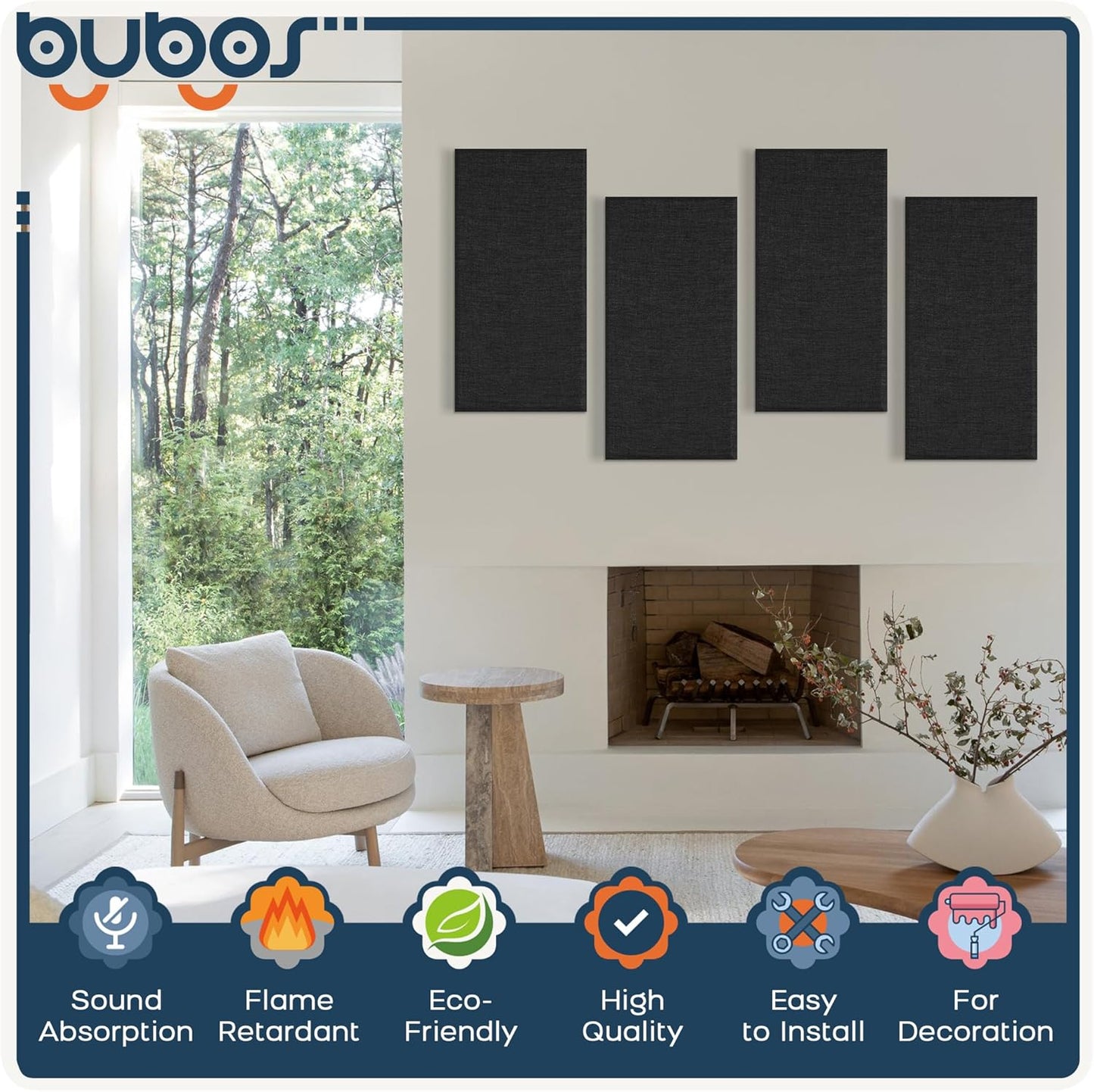 BUBOS 4 PCS Acoustic Panels,23.6''x11.8''Fabric Soundproof Wall Panels,Self-adhesive Sound Absorbing Panels for Studios, Office, Home Theater,Fabric-Clad Matte Black