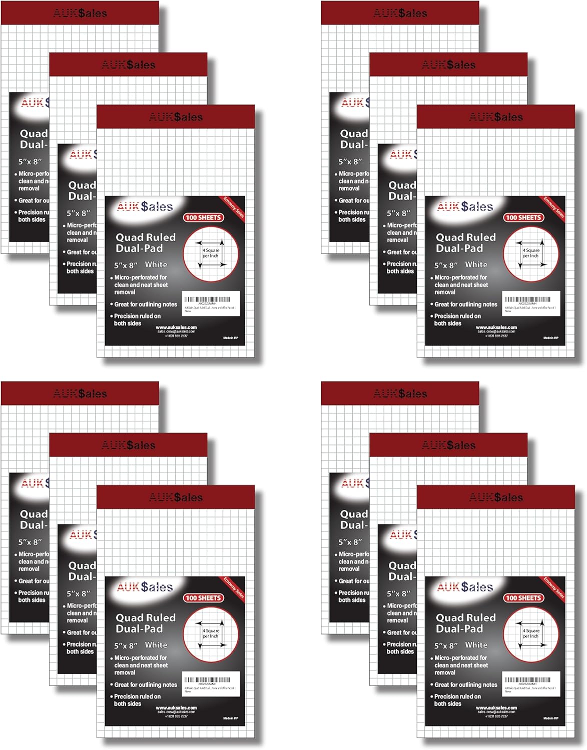 Grid Paper Pad 5x8 Inches, Graph Paper Pad 4x4, Grid Notepad, 12 Pack, 5x8 Graph Paper 1/4 Grid, Graphing Paper, Engineering Pad, 100 Sheets 200 Pages Perforated Pad for School, Home, & Office