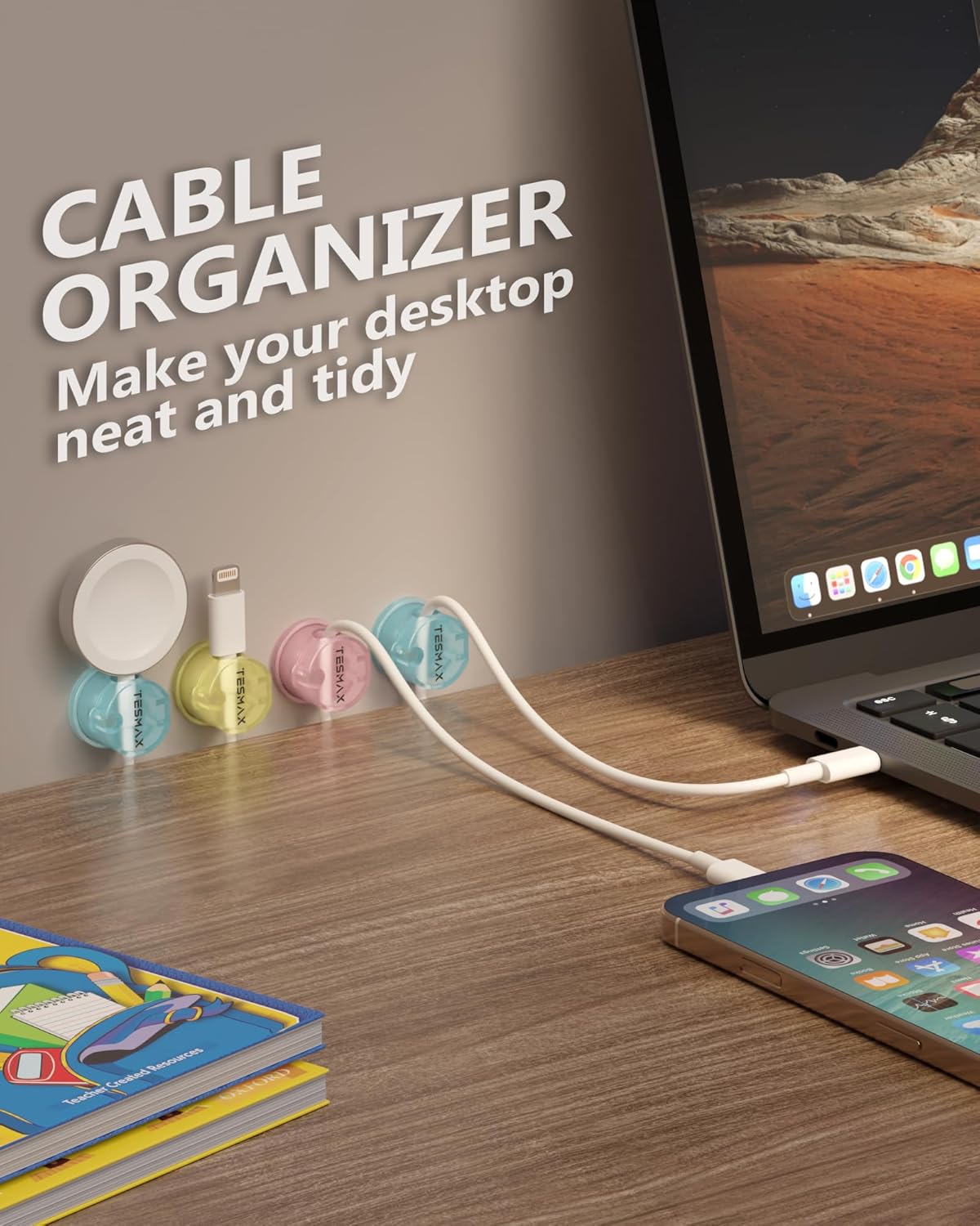 Magnetic Cable Clips 360° Rotation Cord Holder, 6Pack Cord Organizer 1s Lock Cable Smooth Adjustable Desk Organizers and Accessories, Adhesive Cord Clips for Nightstand,Phone,Wall,Car,Home Office