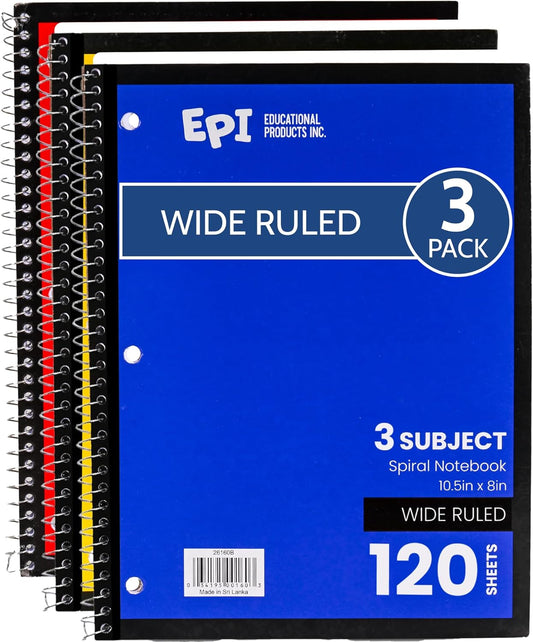 EPI Spiral Notebook | 3 Subject - Wide Ruled - 120 Sheets, Durable Spiral Binding | 10.5 x 8 in | Classroom Supplies | School, Office, Note Taking, Journaling - 3 Pack