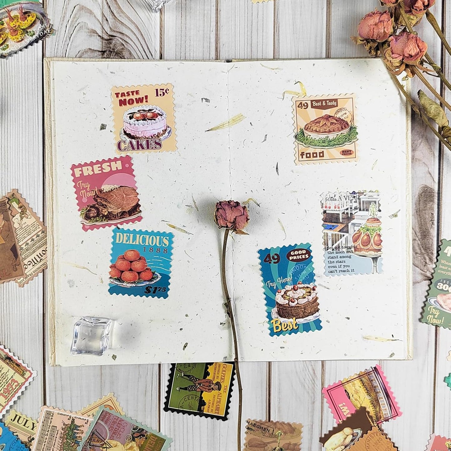 Prstincol 100 Pcs Scrapbooking Stickers,Food Stickers for Scrapbooking,Vintage Stamp Sticker for Journaling,Retro Poster Sticker for Water Bottle Laptop Phones Bullet Journal