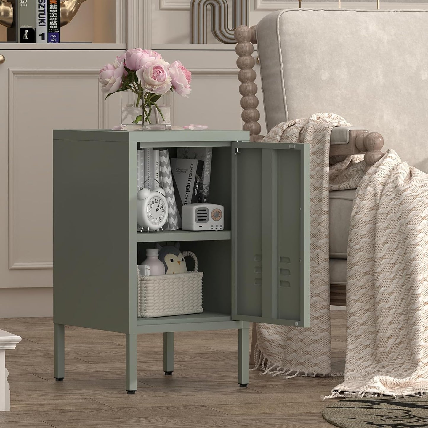 Metal Nightstand,Storage Cabinet with Shelf,Single Door Metal Cabinet,Multifunctional Home Table,Green