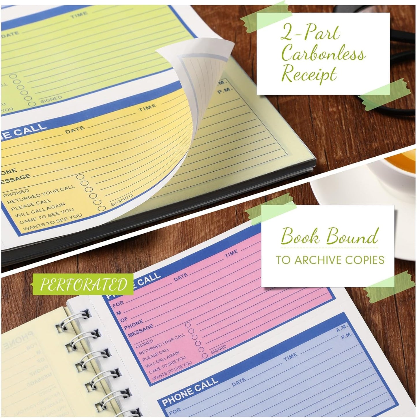 Sinmoe 6 Pcs Spiral Bound Phone Message Book with Carbon Copy 5-1/2" x 11" 2 Part Colorful Carbonless Telephone Message Pads Duplicate Spiral Phone Call Log Book for Business Office