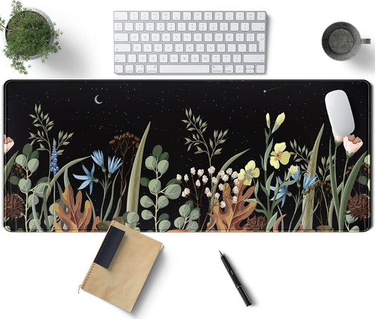 Cute Gaming Black Wild Flowers Desk Mat Mouse Pad Star Moon Floral Mousepad Large, XL Big Computer Keyboard and Mouse Mat Desk Pad Mat with Stitched Edge for Women Office Decor Deskmat 31.5x11.8 in