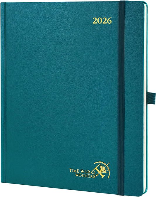 POPRUN 2026 Planner (Large Size 8.5''x 10.5'' Hardcover) - Daily Weekly and Monthly Calendar Agenda 2026 Appointment Book with Hourly Time Slots, Monthly Tabs, 100 GSM - Pacific Green