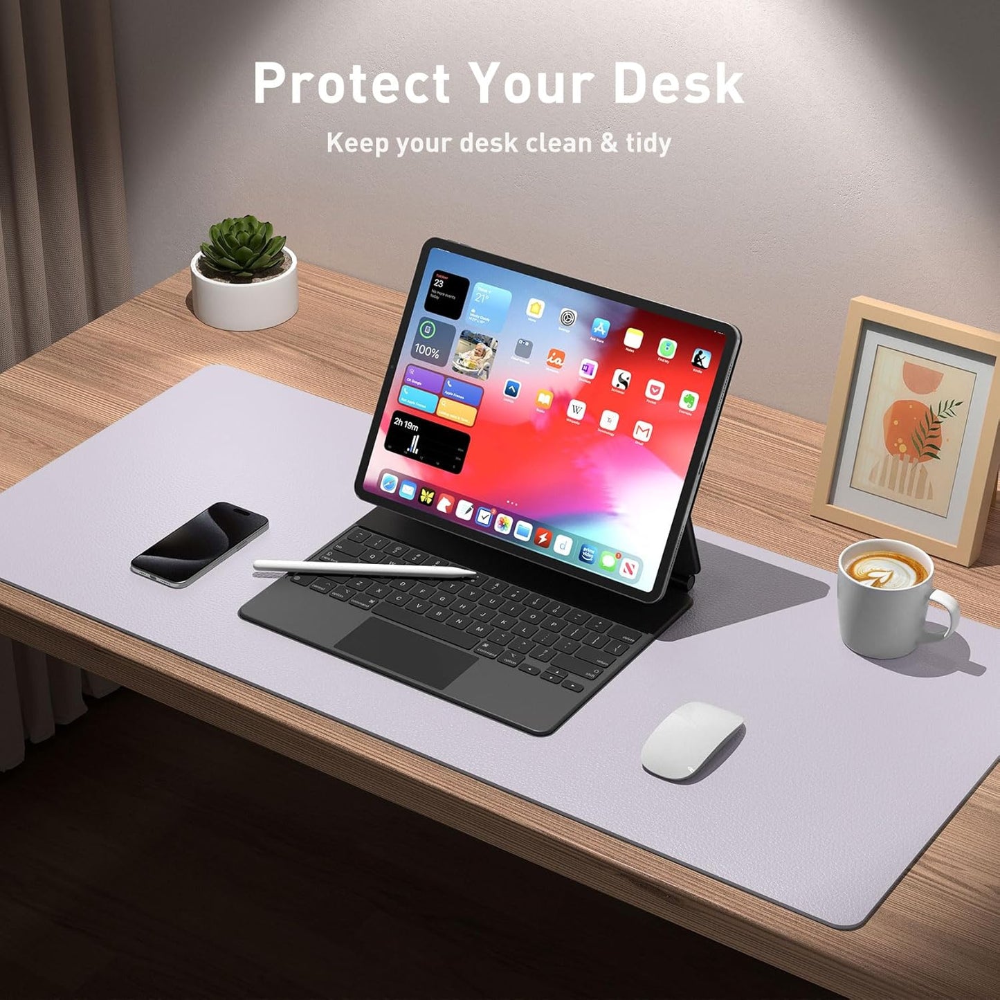 Aothia Large PU Leather Desk Pad Protector – Non-Slip Mouse Pad & Writing Mat for Office/Home, Waterproof, Easy to Clean (48" x 17", Soft Lavender)