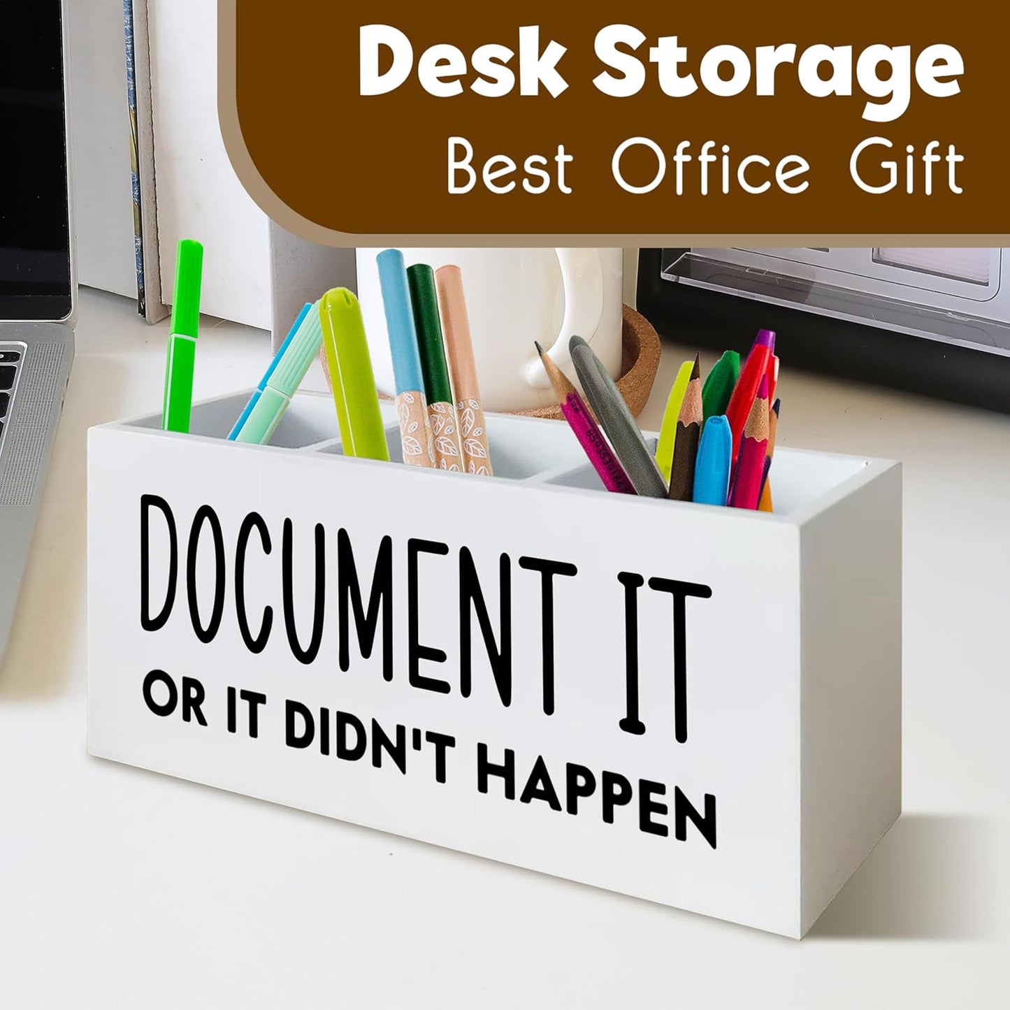 Funny Pen Holder for Desk, HR Human Resource Office Decor, Office Humor Gifts for Coworkers, Document It or It Didn't Happen Wooden Pen Pencil Holder Organizer for Desk Accessories