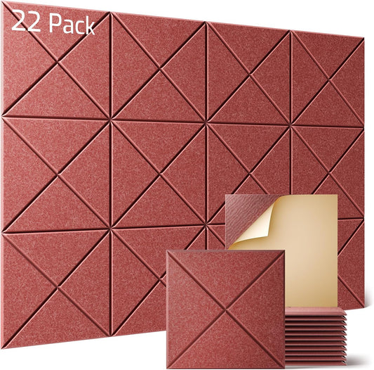 Sonicism 22 Pack X-Lined Acoustic Panels with Self-Adhesive, 12"X 12"X 0.4" Sound Proof Foam Panels, Decorative Soundproof Wall Panels, Sound Absorbing Tile for Home & Offices, Red