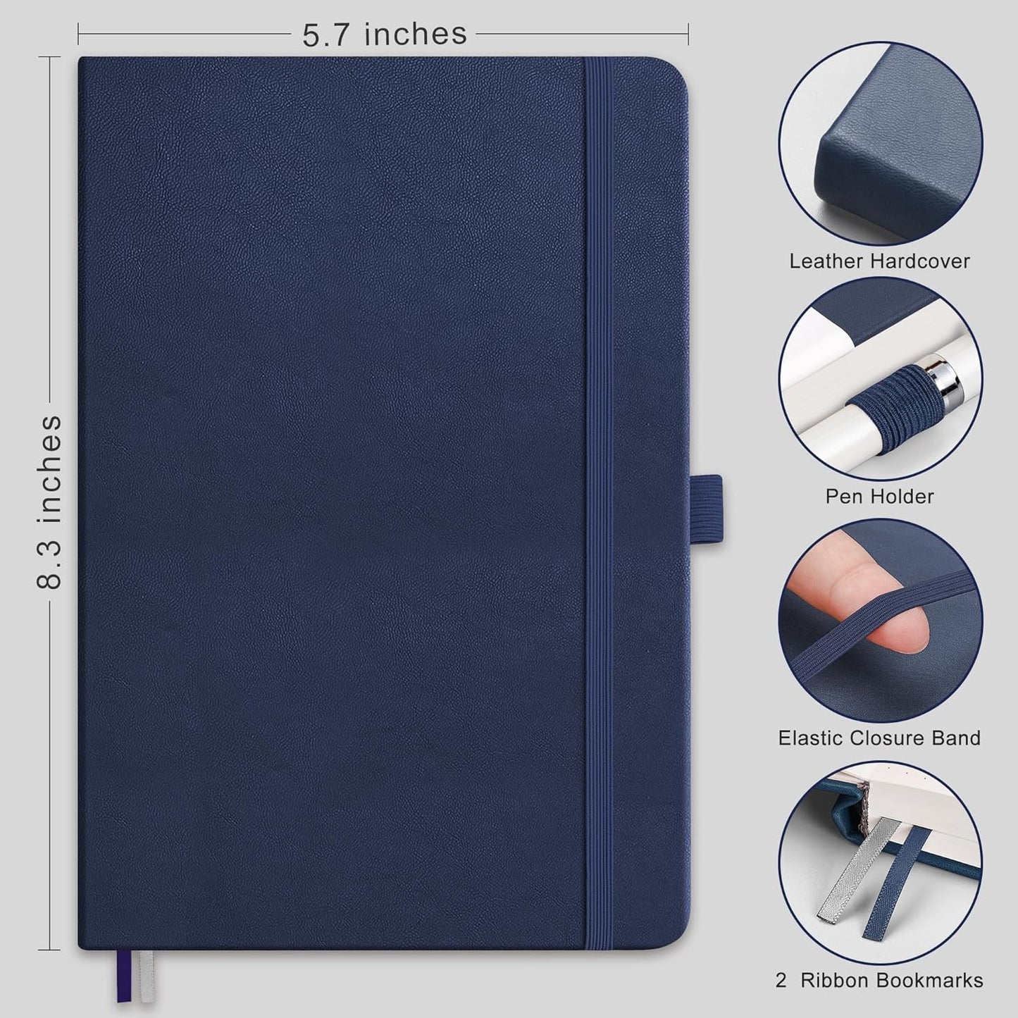 RETTACY Lined Journal Notebook, 2-Pack, 192 Numbered Pages per Pack, A5 Medium Size (5.7'' x 8.3''), for Men & Women, Writing, Work, Leather Hardcover, 100 GSM Thick Paper (Black & Navy Blue)