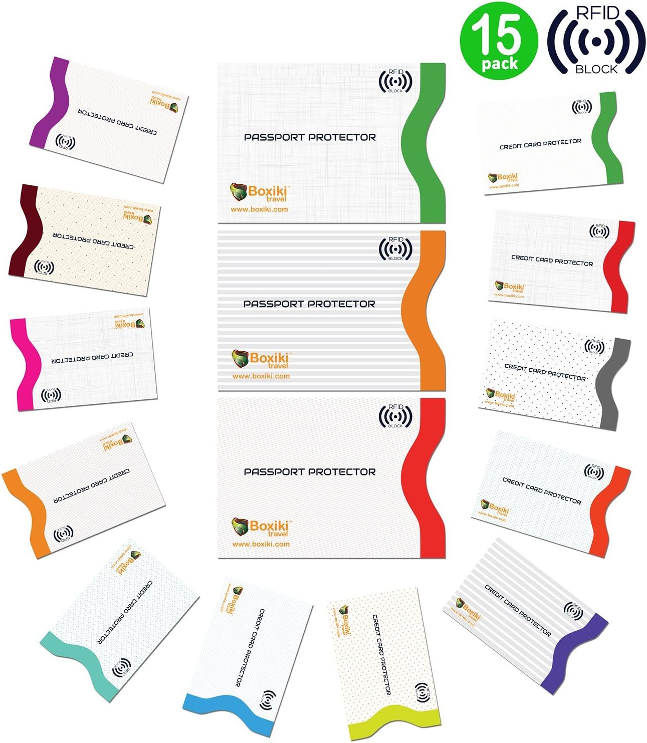 Boxiki Travel Set of 15 RFID, Set with Color Coding | Identity Theft Prevention RFID Blocking Envelopes and Passport Covers (White Collection)