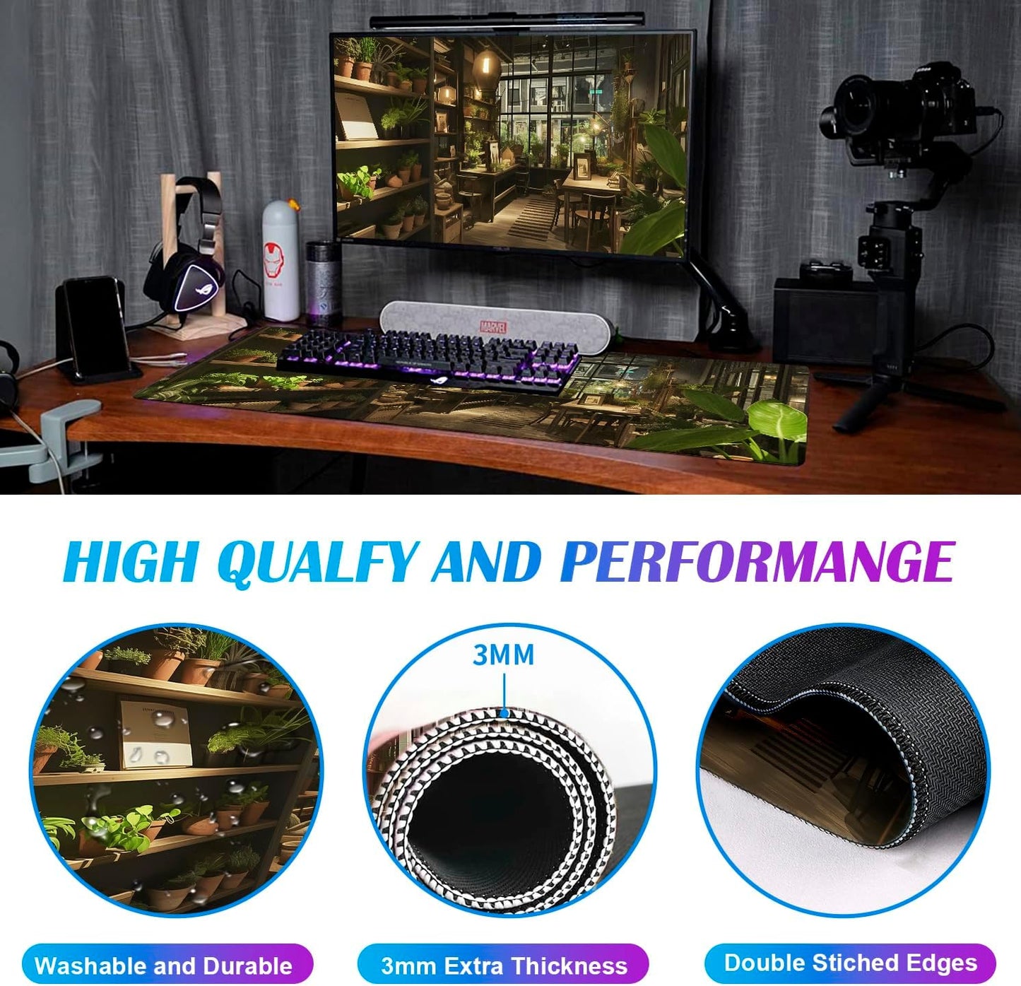 Lndoor Green Plant Expansion Desk Mat, Flower Plant Large Gaming Mouse Mat XXL Laptop Mouse Keyboard Mat 35.4 x 15.7-Inch Office Desk Decoration